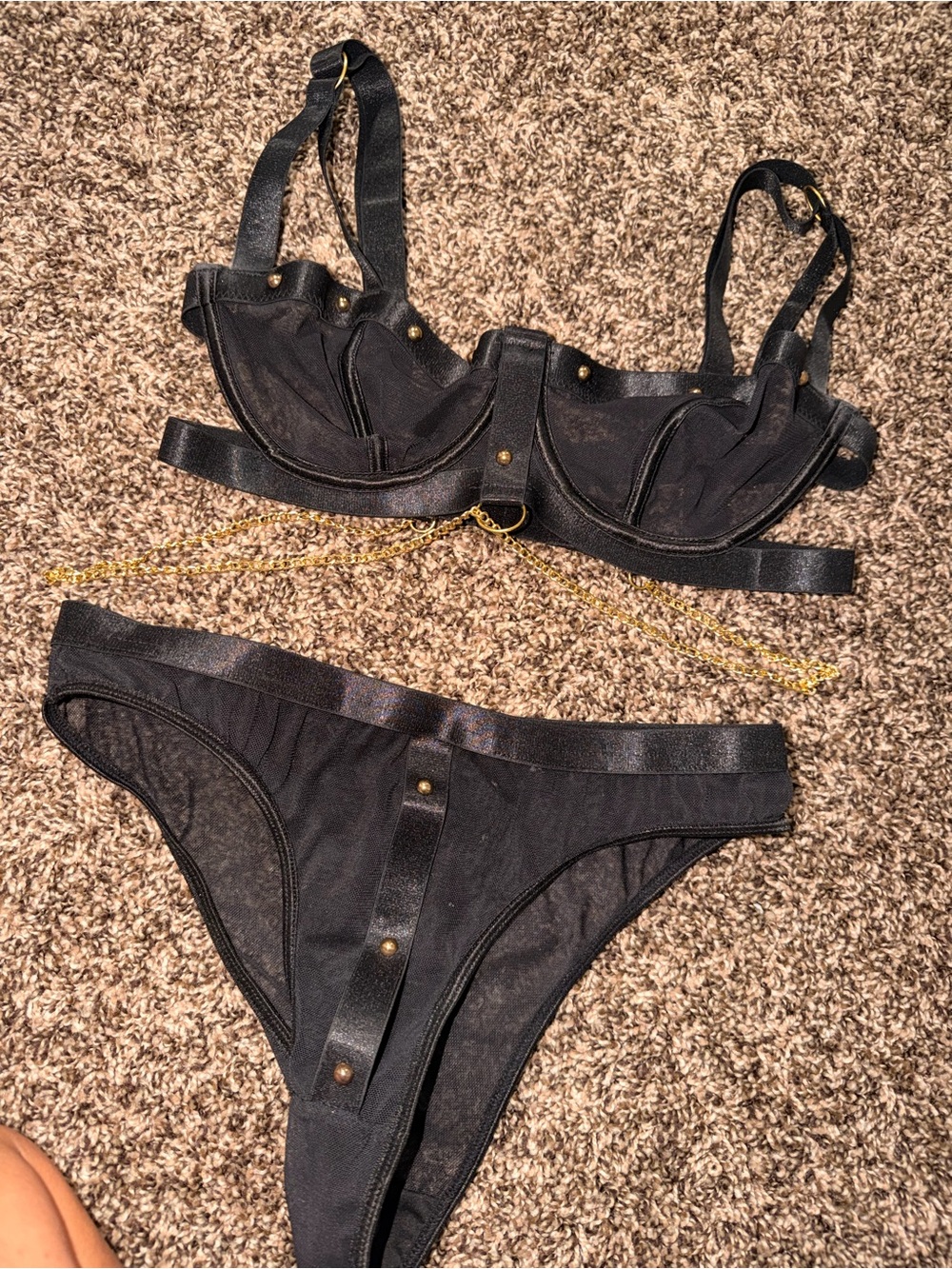 Black & Gold Sheer Lingerie Set, Bra Panty Garter